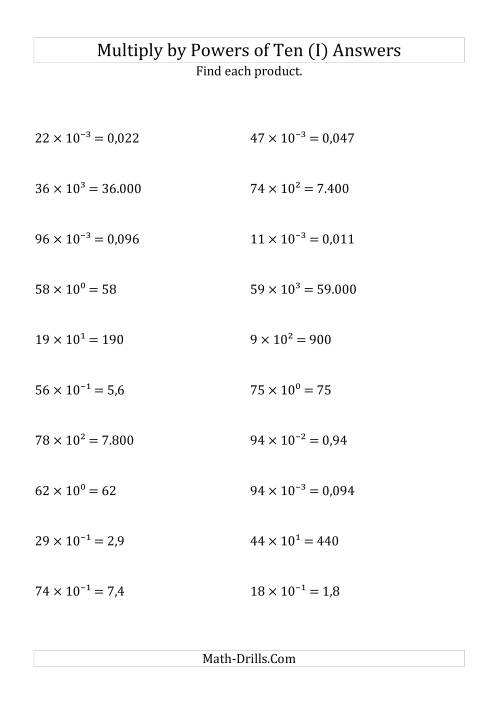 The Multiplying Whole Numbers by All Powers of Ten (Exponent Form) (I) Math Worksheet Page 2