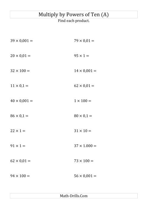 The Multiplying Whole Numbers by All Powers of Ten (Standard Form) (A) Math Worksheet