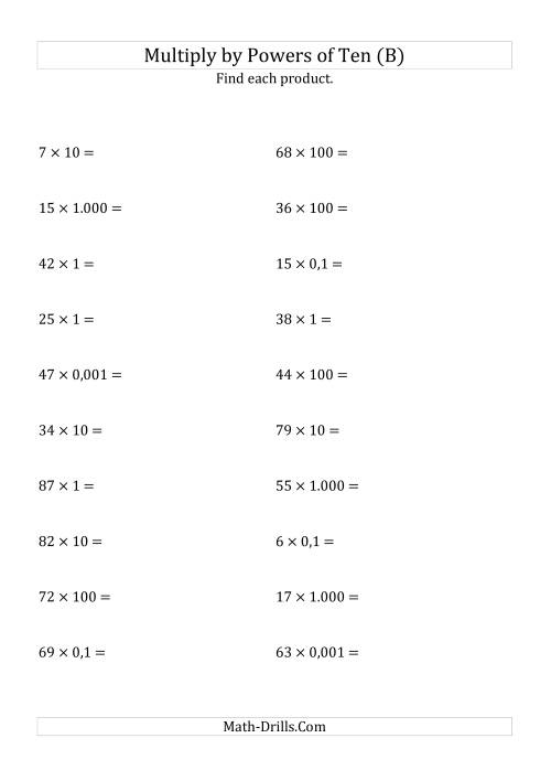 The Multiplying Whole Numbers by All Powers of Ten (Standard Form) (B) Math Worksheet