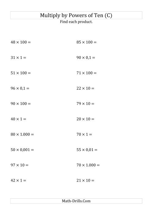 The Multiplying Whole Numbers by All Powers of Ten (Standard Form) (C) Math Worksheet