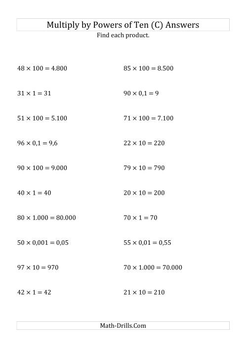 The Multiplying Whole Numbers by All Powers of Ten (Standard Form) (C) Math Worksheet Page 2