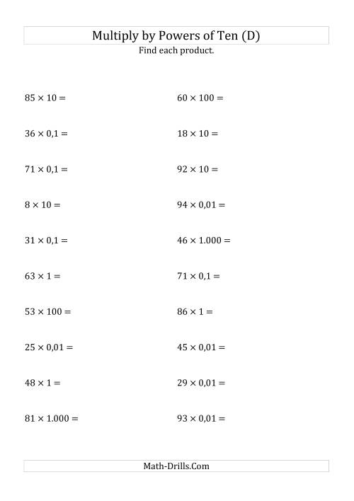 The Multiplying Whole Numbers by All Powers of Ten (Standard Form) (D) Math Worksheet