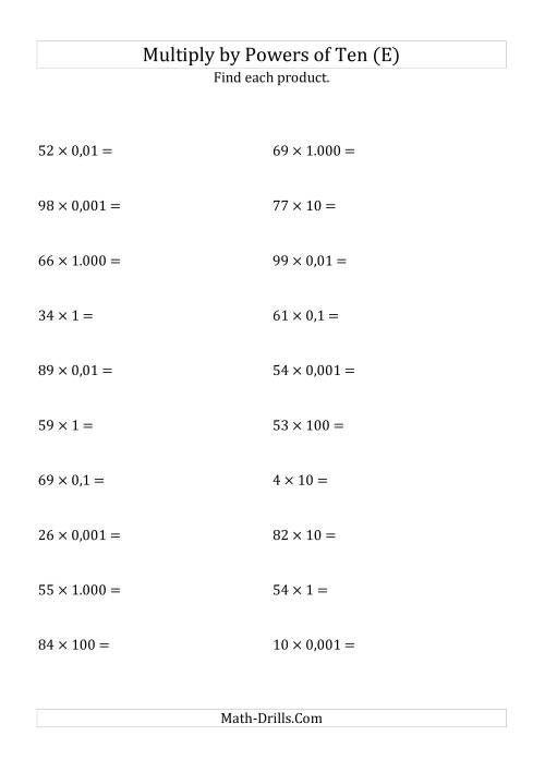 The Multiplying Whole Numbers by All Powers of Ten (Standard Form) (E) Math Worksheet