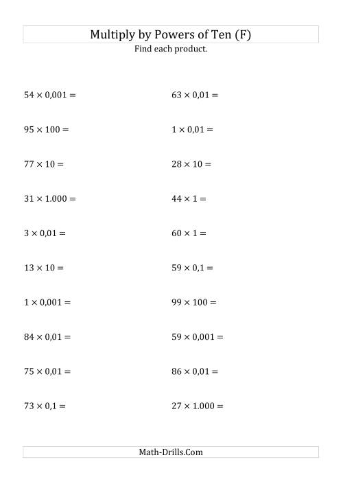 The Multiplying Whole Numbers by All Powers of Ten (Standard Form) (F) Math Worksheet