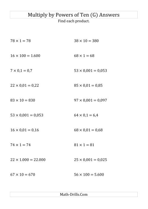 The Multiplying Whole Numbers by All Powers of Ten (Standard Form) (G) Math Worksheet Page 2