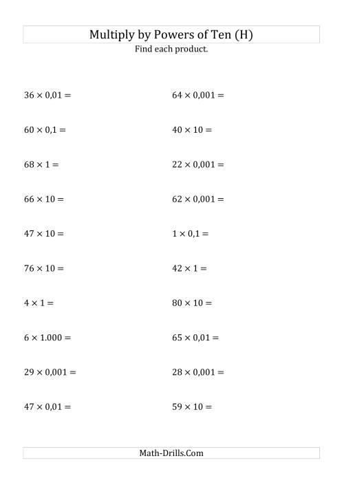 The Multiplying Whole Numbers by All Powers of Ten (Standard Form) (H) Math Worksheet