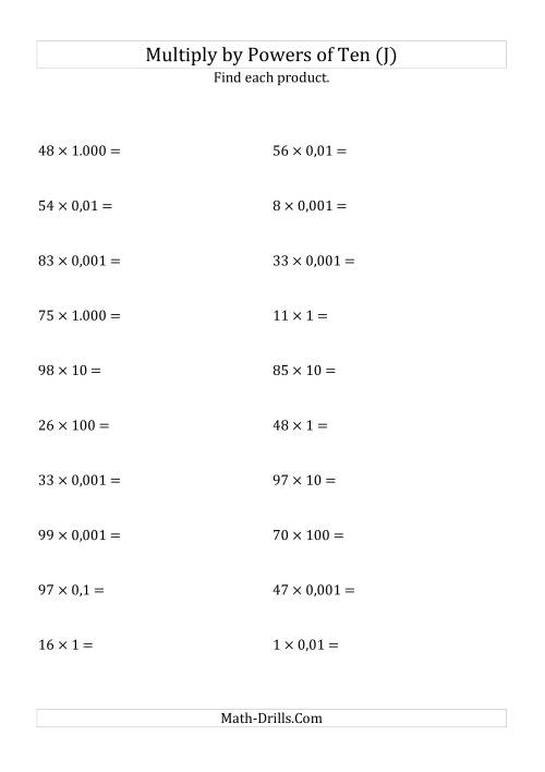 The Multiplying Whole Numbers by All Powers of Ten (Standard Form) (J) Math Worksheet