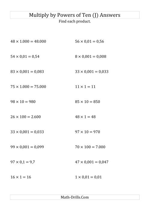 The Multiplying Whole Numbers by All Powers of Ten (Standard Form) (J) Math Worksheet Page 2