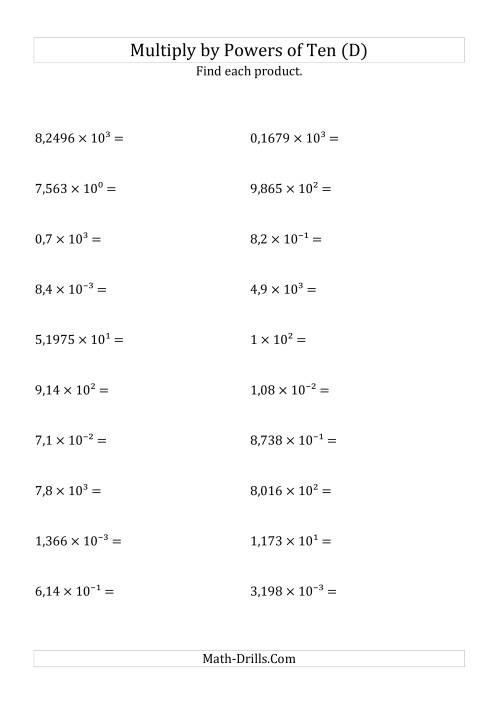 The Multiplying Decimals by All Powers of Ten (Exponent Form) (D) Math Worksheet