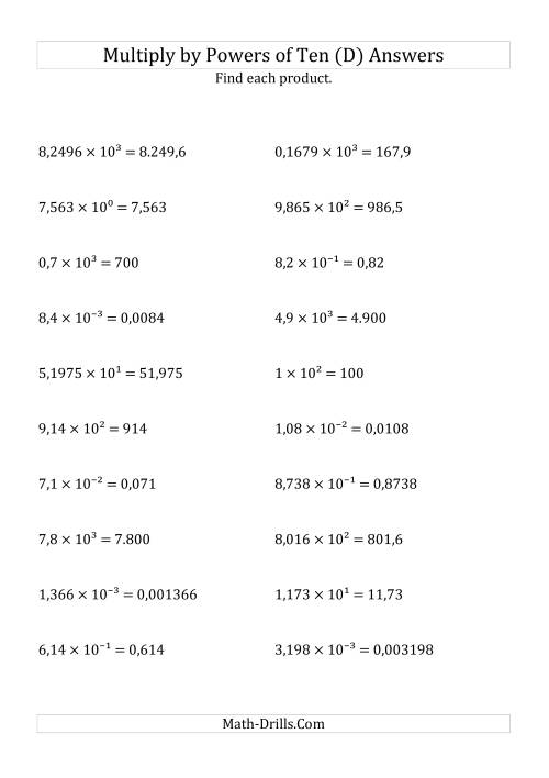 The Multiplying Decimals by All Powers of Ten (Exponent Form) (D) Math Worksheet Page 2