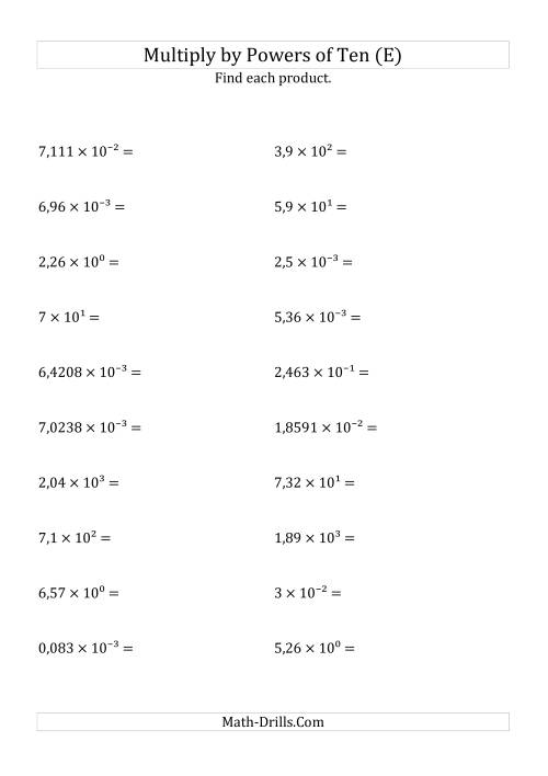 The Multiplying Decimals by All Powers of Ten (Exponent Form) (E) Math Worksheet