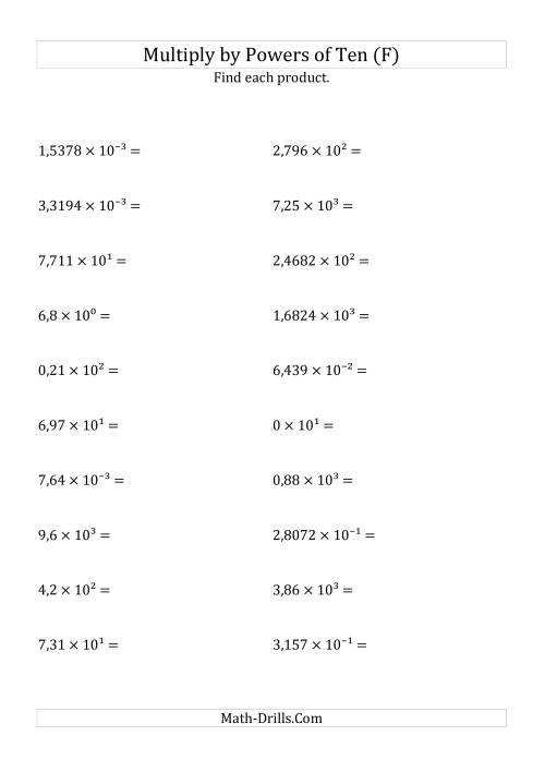The Multiplying Decimals by All Powers of Ten (Exponent Form) (F) Math Worksheet