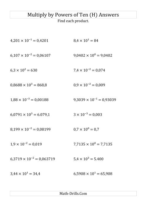The Multiplying Decimals by All Powers of Ten (Exponent Form) (H) Math Worksheet Page 2