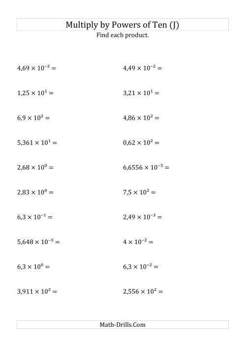 The Multiplying Decimals by All Powers of Ten (Exponent Form) (J) Math Worksheet