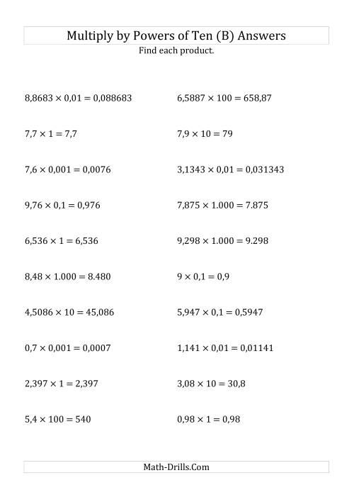 The Multiplying Decimals by All Powers of Ten (Standard Form) (B) Math Worksheet Page 2
