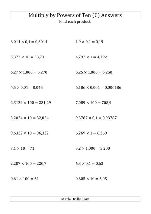 The Multiplying Decimals by All Powers of Ten (Standard Form) (C) Math Worksheet Page 2