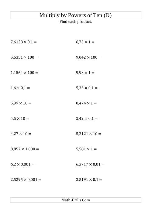 The Multiplying Decimals by All Powers of Ten (Standard Form) (D) Math Worksheet