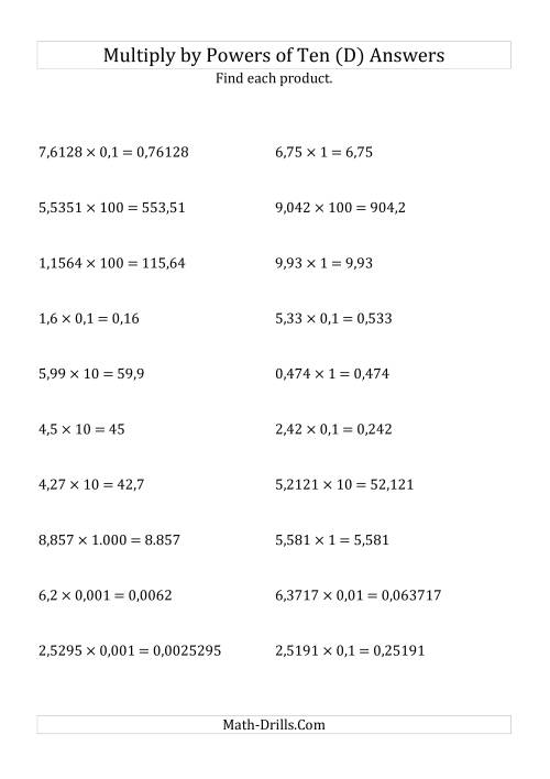 The Multiplying Decimals by All Powers of Ten (Standard Form) (D) Math Worksheet Page 2
