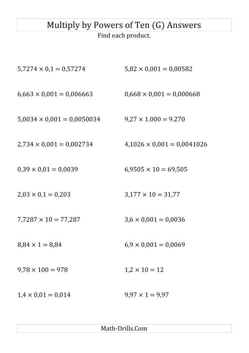 The Multiplying Decimals by All Powers of Ten (Standard Form) (G) Math Worksheet Page 2