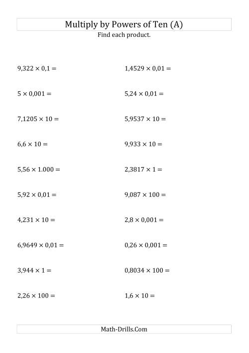 The Multiplying Decimals by All Powers of Ten (Standard Form) (All) Math Worksheet