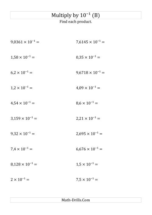 The Multiplying Decimals by 10<sup>-1</sup> (B) Math Worksheet