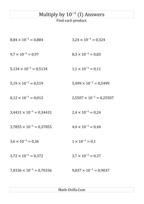 The Multiplying Decimals by 10<sup>-1</sup> (I) Math Worksheet Page 2