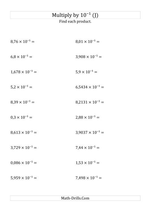 The Multiplying Decimals by 10<sup>-1</sup> (J) Math Worksheet