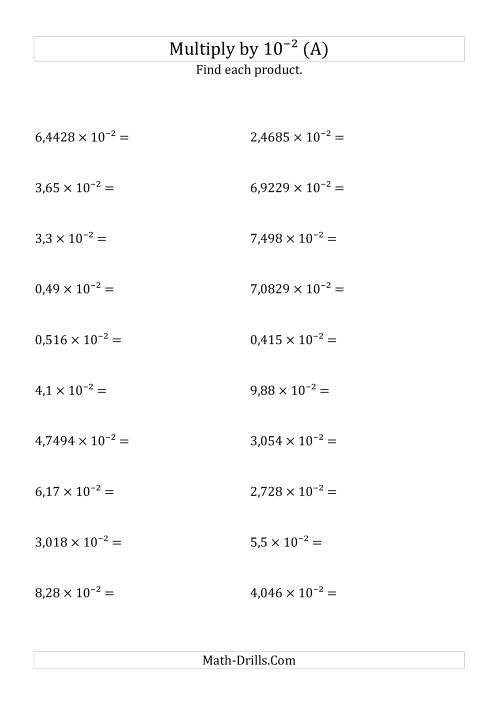 The Multiplying Decimals by 10<sup>-2</sup> (A) Math Worksheet
