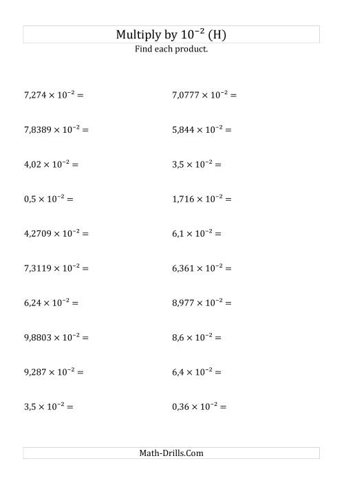 The Multiplying Decimals by 10<sup>-2</sup> (H) Math Worksheet