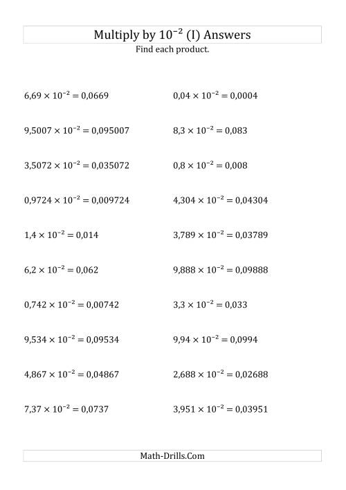 The Multiplying Decimals by 10<sup>-2</sup> (I) Math Worksheet Page 2