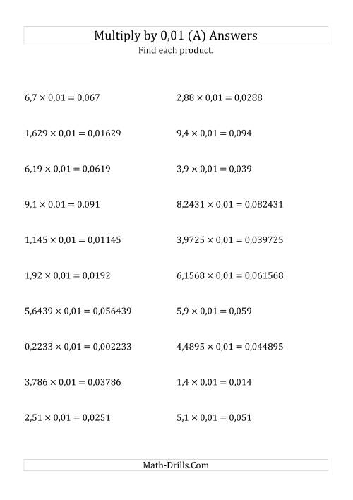 The Multiplying Decimals by 0,01 (A) Math Worksheet Page 2
