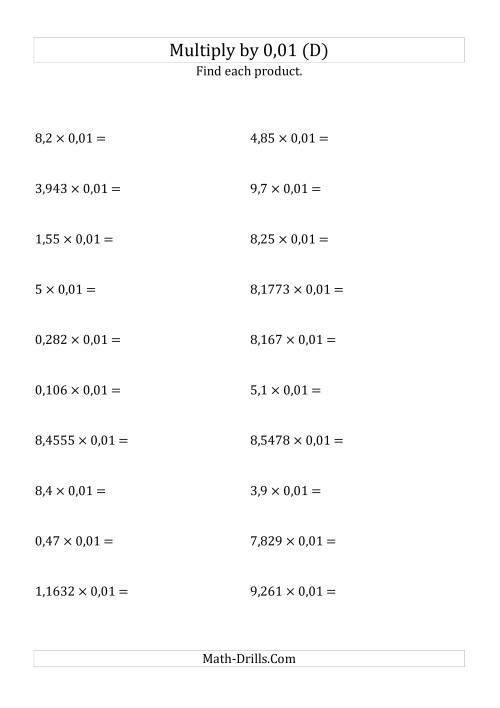 The Multiplying Decimals by 0,01 (D) Math Worksheet