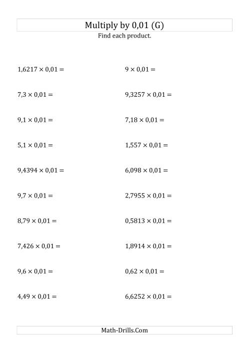 The Multiplying Decimals by 0,01 (G) Math Worksheet