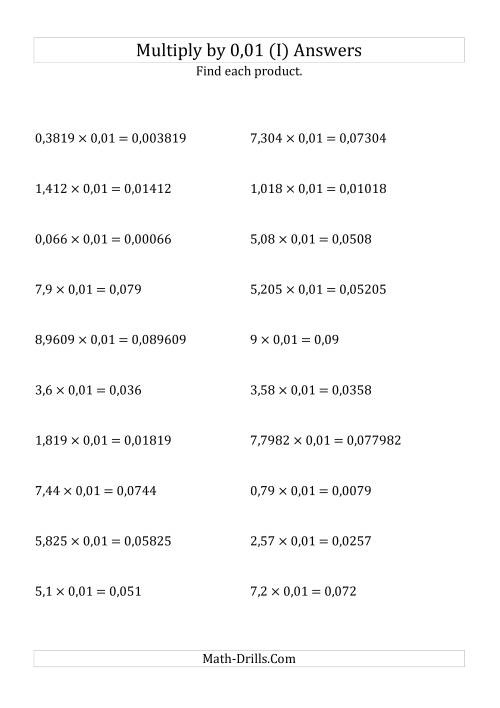 The Multiplying Decimals by 0,01 (I) Math Worksheet Page 2