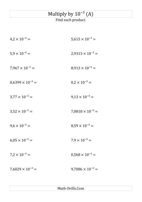 The Multiplying Decimals by 10<sup>-3</sup> (A) Math Worksheet
