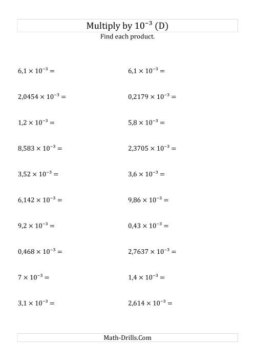The Multiplying Decimals by 10<sup>-3</sup> (D) Math Worksheet