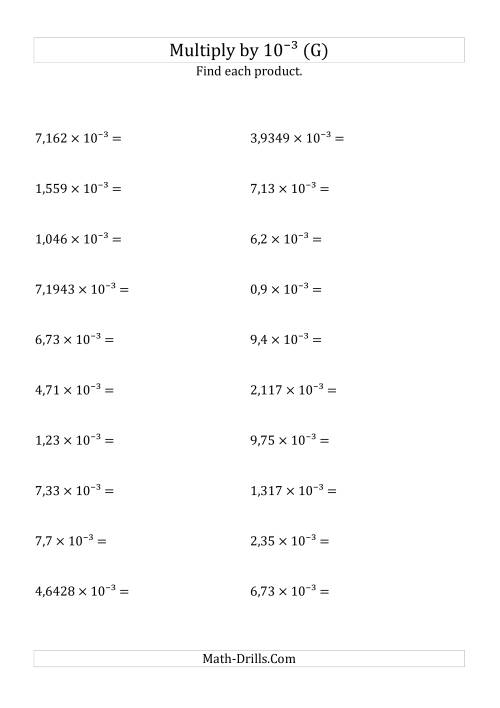 The Multiplying Decimals by 10<sup>-3</sup> (G) Math Worksheet
