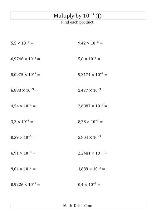 The Multiplying Decimals by 10<sup>-3</sup> (J) Math Worksheet