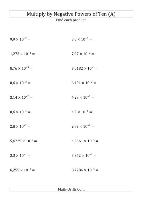 The Multiplying Decimals by Negative Powers of Ten (Exponent Form) (A) Math Worksheet