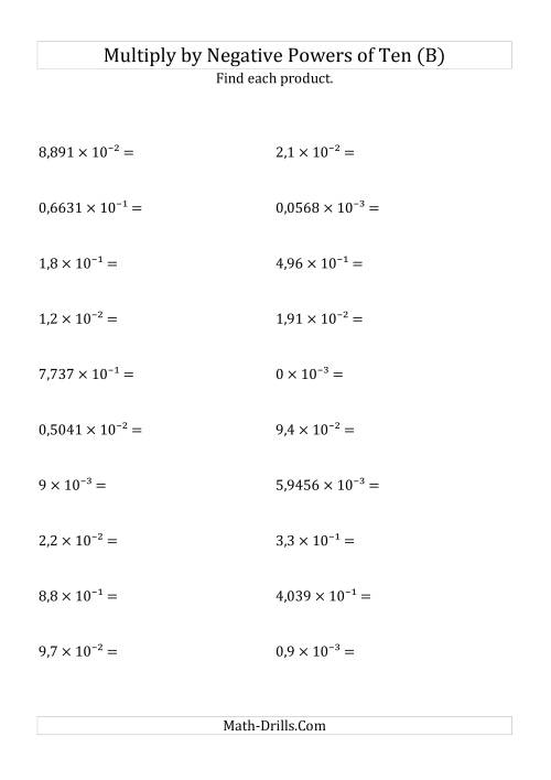 The Multiplying Decimals by Negative Powers of Ten (Exponent Form) (B) Math Worksheet