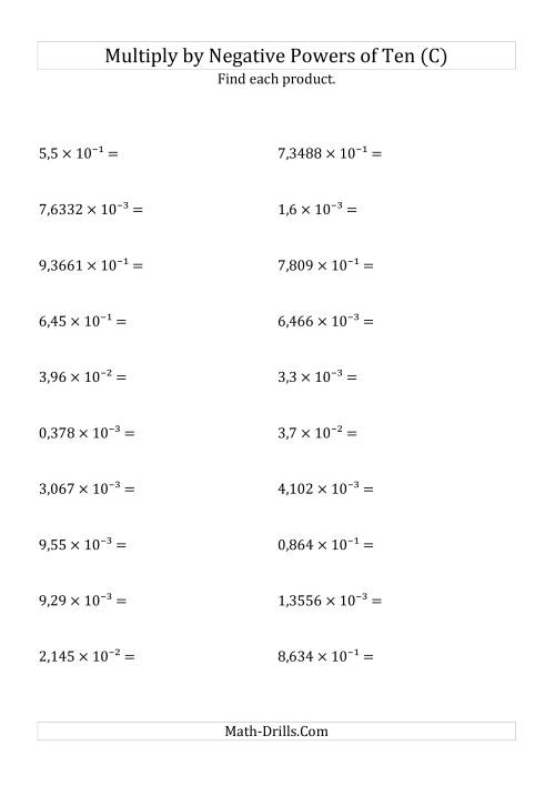 The Multiplying Decimals by Negative Powers of Ten (Exponent Form) (C) Math Worksheet