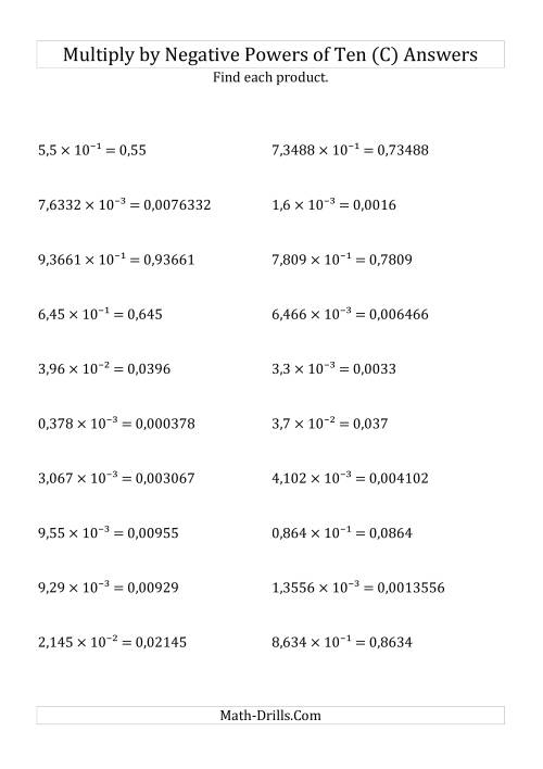 The Multiplying Decimals by Negative Powers of Ten (Exponent Form) (C) Math Worksheet Page 2