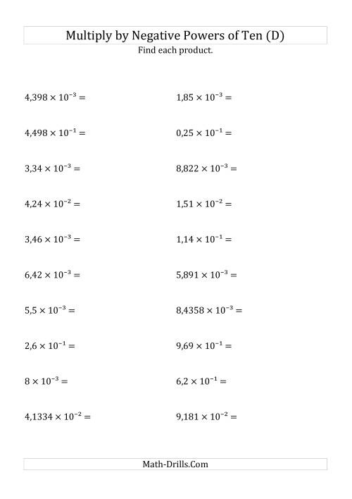 The Multiplying Decimals by Negative Powers of Ten (Exponent Form) (D) Math Worksheet