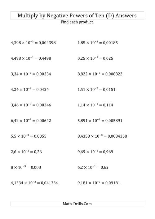 The Multiplying Decimals by Negative Powers of Ten (Exponent Form) (D) Math Worksheet Page 2