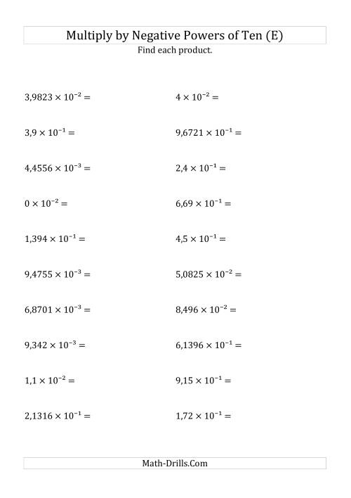 The Multiplying Decimals by Negative Powers of Ten (Exponent Form) (E) Math Worksheet