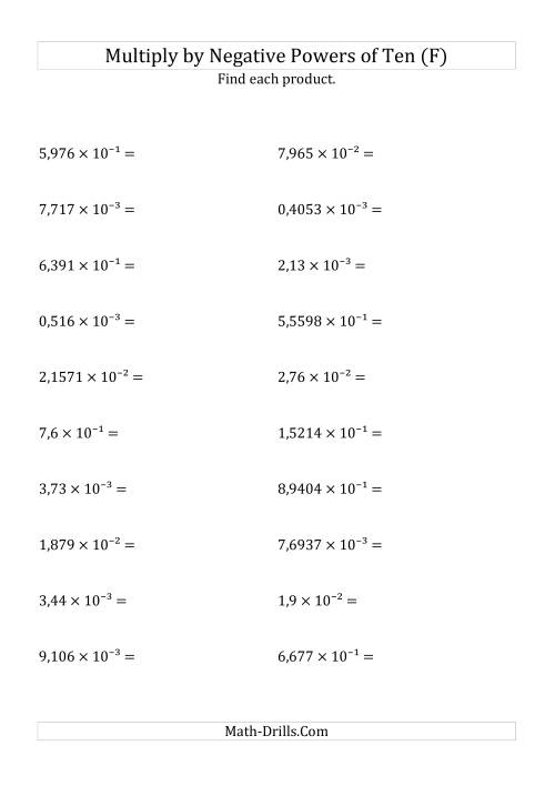 The Multiplying Decimals by Negative Powers of Ten (Exponent Form) (F) Math Worksheet