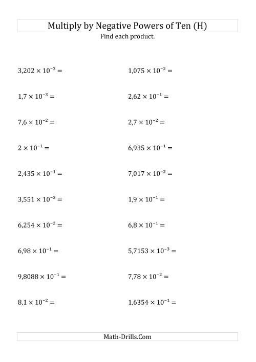 The Multiplying Decimals by Negative Powers of Ten (Exponent Form) (H) Math Worksheet