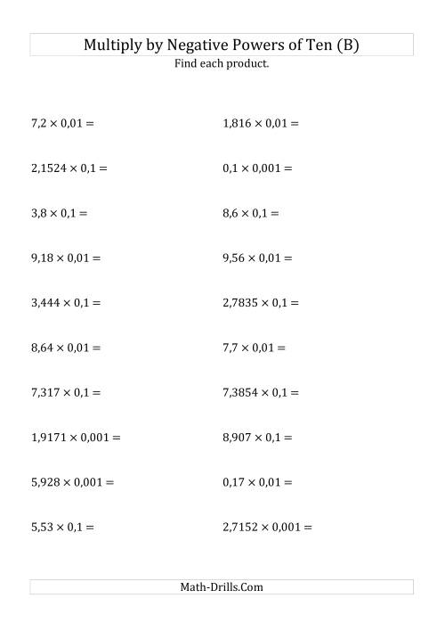 The Multiplying Decimals by Negative Powers of Ten (Standard Form) (B) Math Worksheet