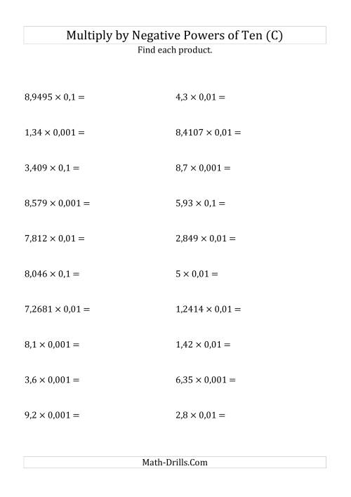 The Multiplying Decimals by Negative Powers of Ten (Standard Form) (C) Math Worksheet