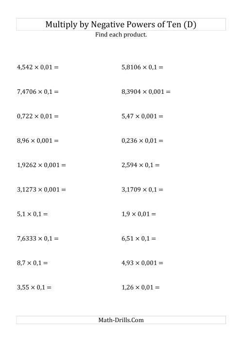 The Multiplying Decimals by Negative Powers of Ten (Standard Form) (D) Math Worksheet
